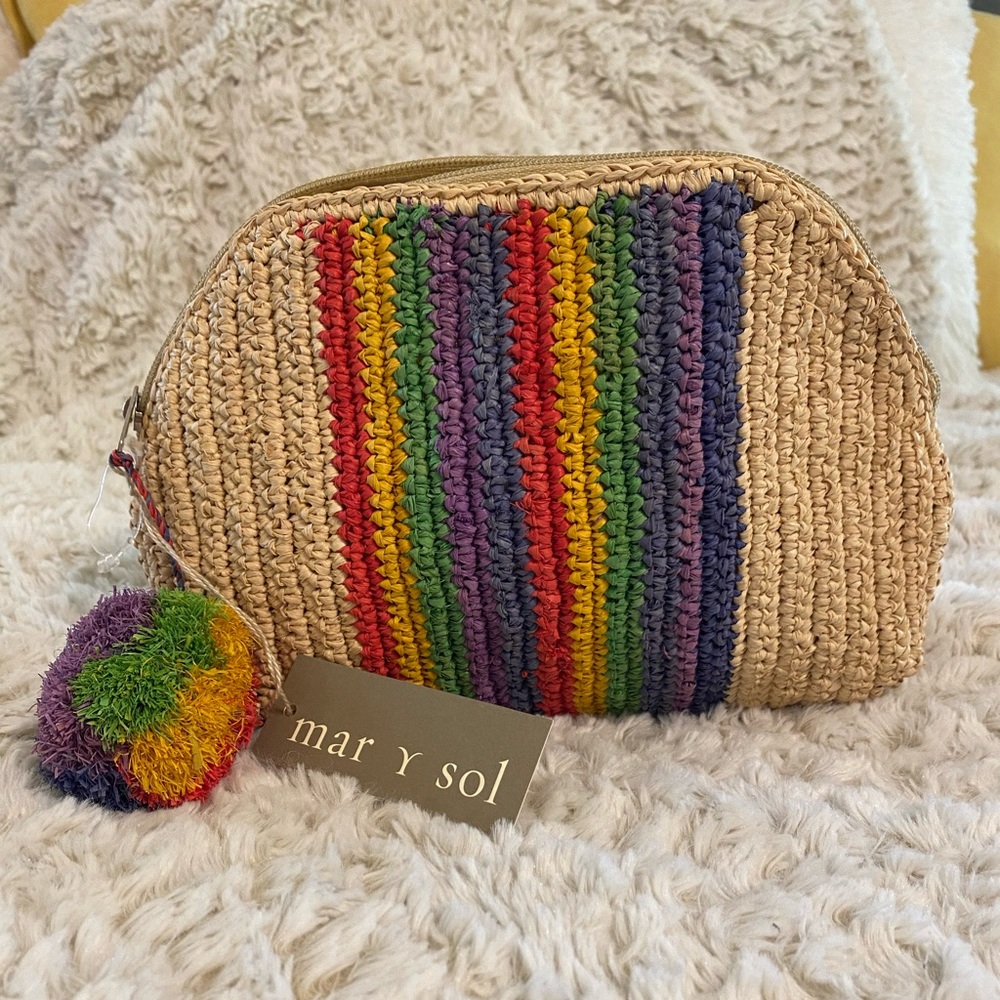 NWT 🏳️‍🌈 Mar Y Sol Straw Mulitcolored Clutch with Pom Pom